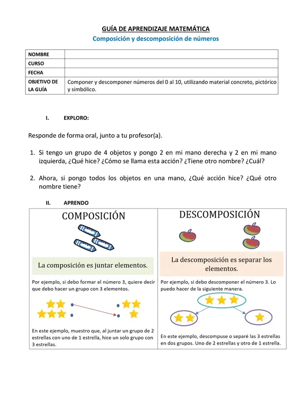 Guía de Composición y Descomposición de Números del 1 al 10