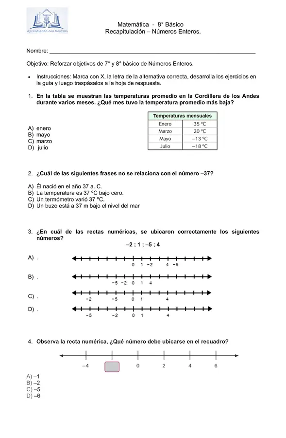 Enteros 8° Básico, Guía Tipo SIMCE con hoja de respuesta y pauta de corrección.
