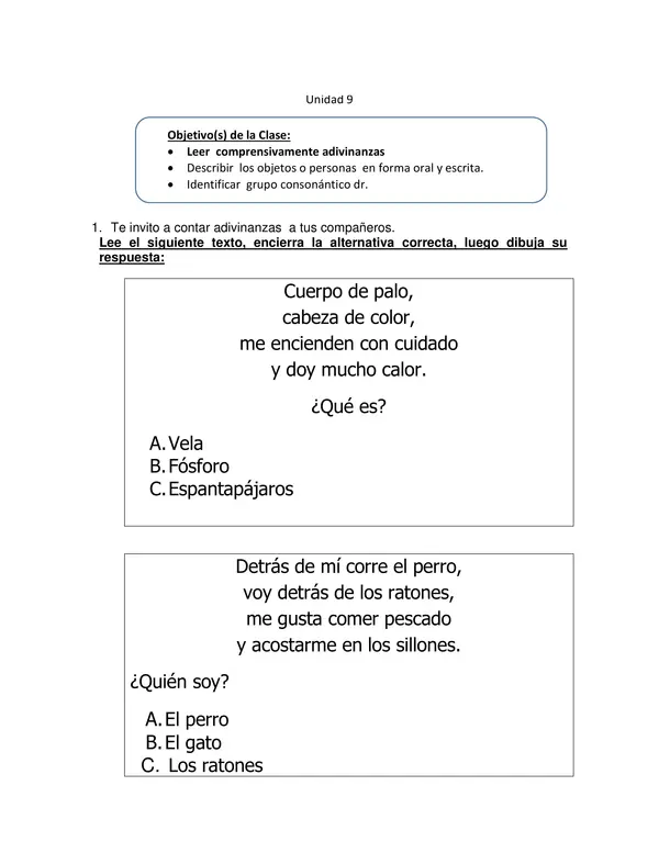 Guia de Adivinanzas y Grupo DR para Lenguaje 1 Basico