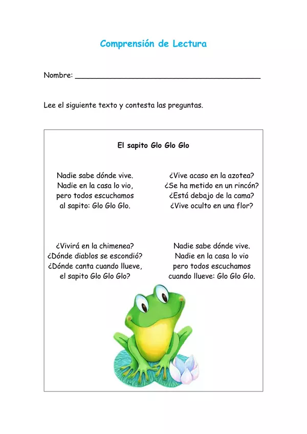 Comprensión de lectura "Sapito Glo Glo Glo"
