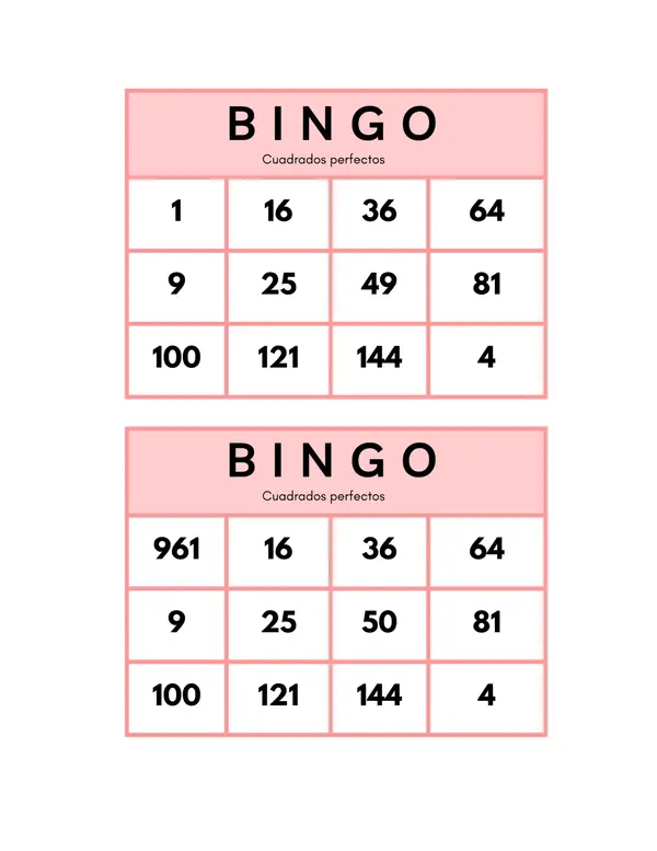 Bingo cuadrados perfectos