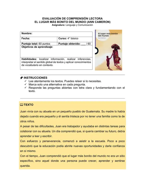 Prueba del libro "El lugar más bonito del mundo" (Ann Cameron)