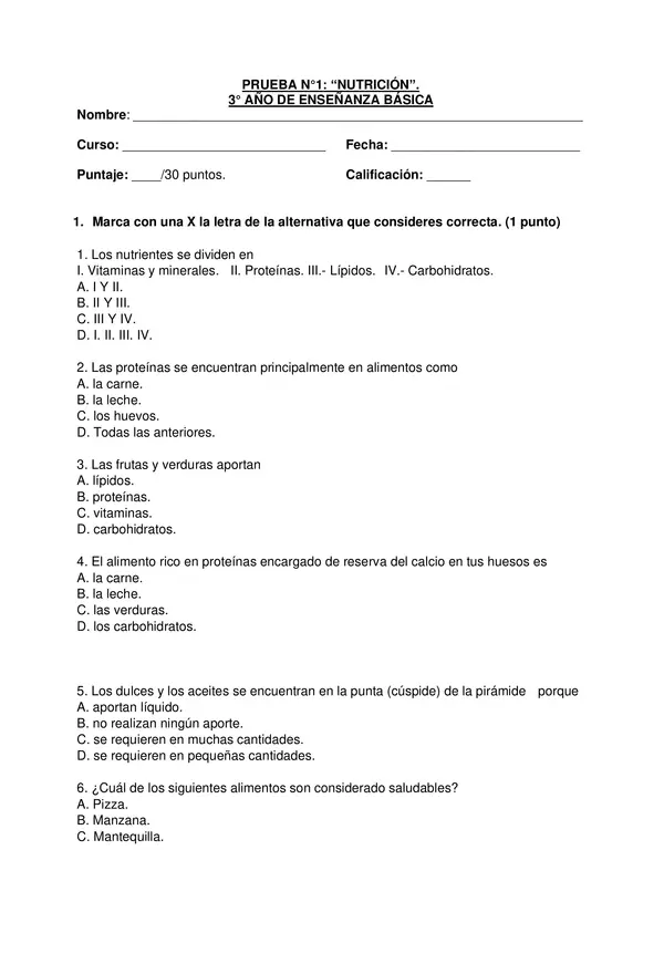 PRUEBA NUTRICION, TERCERO BASICO, NATURALES UNIDAD 4 CON SOLUCION