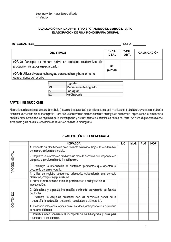 Rúbrica: Creación de una monografía (Planificación y ejecución)