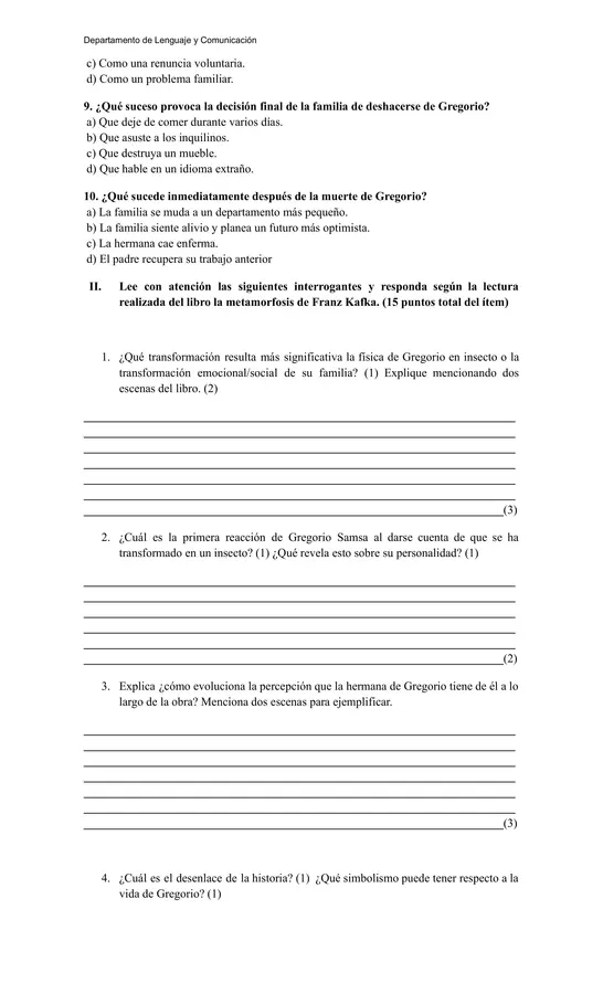 Evaluación de Lectura: La metamorfosis de Franz Kafka