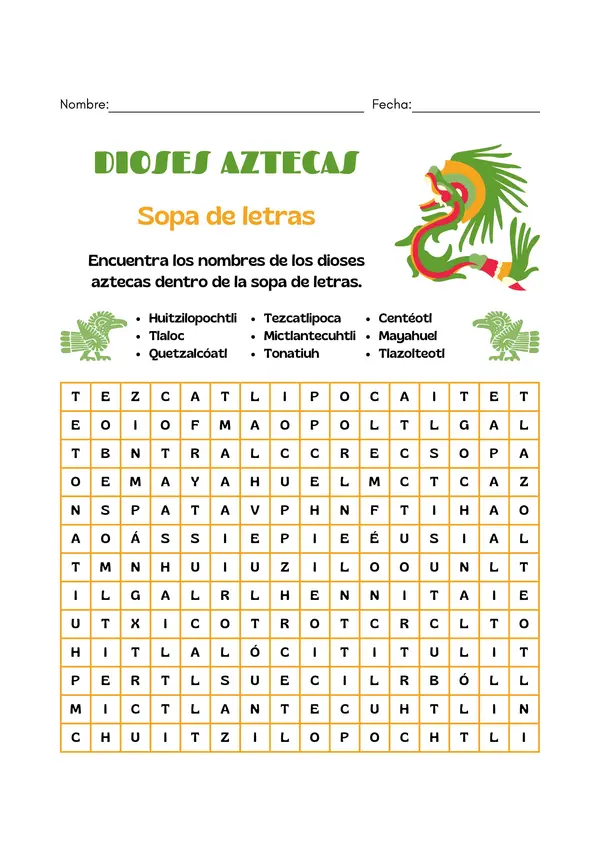 Sopa de letras dioses aztecas