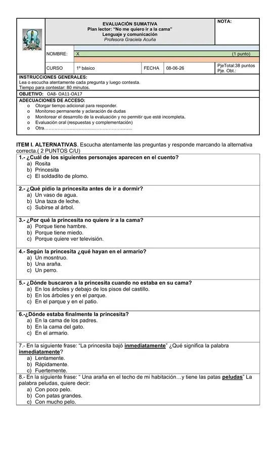 PLAN LECTOR "NO ME QUIERO IR A LA CAMA"