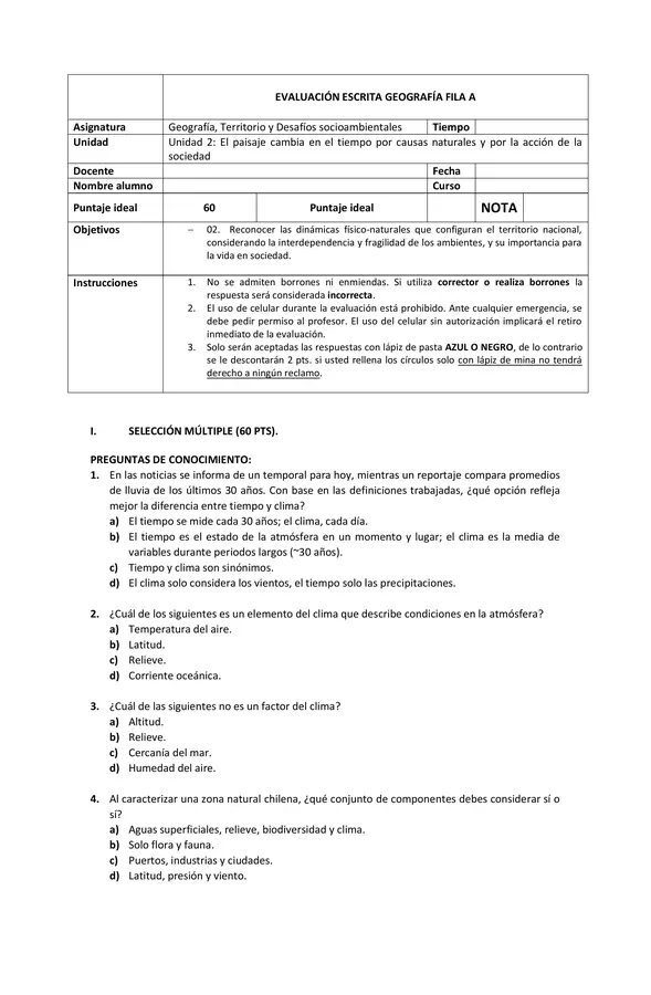 Evaluación Electivo de Geografía | Unidad 2 | Fila A | Tercero - Cuarto Medio