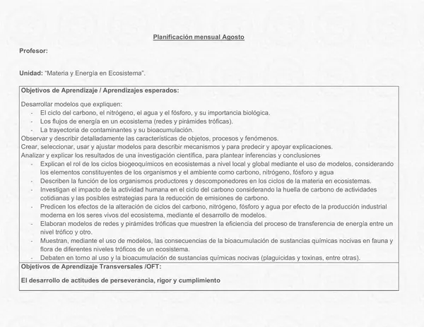 Planificación Clase a Clase Octubre - Ciencias Naturales - Biología - 1° Medio