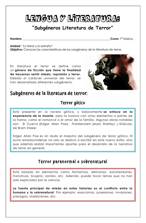 Guía de trabajo - Subgéneros literatura de terror - 7° Lengua y literatura