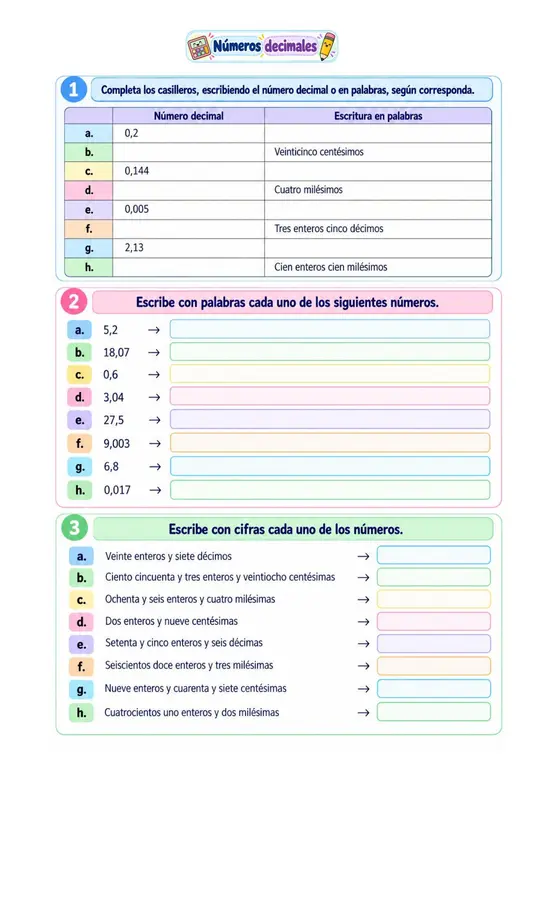 Números decimales (Lectura y escritura)