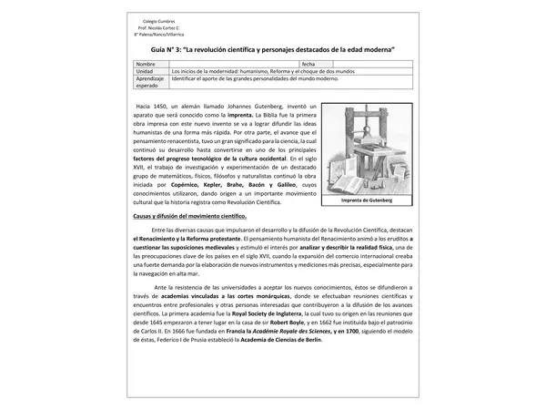 Guía N° 3: “La revolución científica y personajes destacados de la edad moderna”