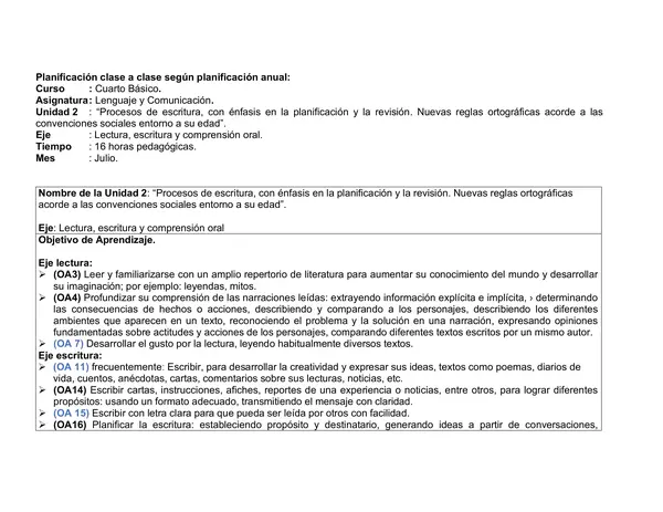 Planificación Clase a Clase: Julio | Lenguaje y Comunicación Cuarto Básico
