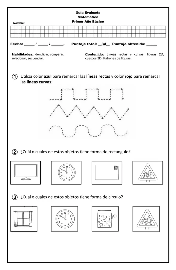Prueba Geometría y Patrones de figuras 1° básico