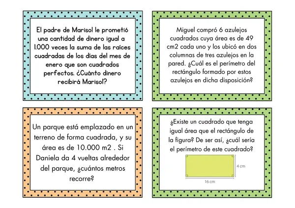 Tarjetas problemas de raíces cuadradas