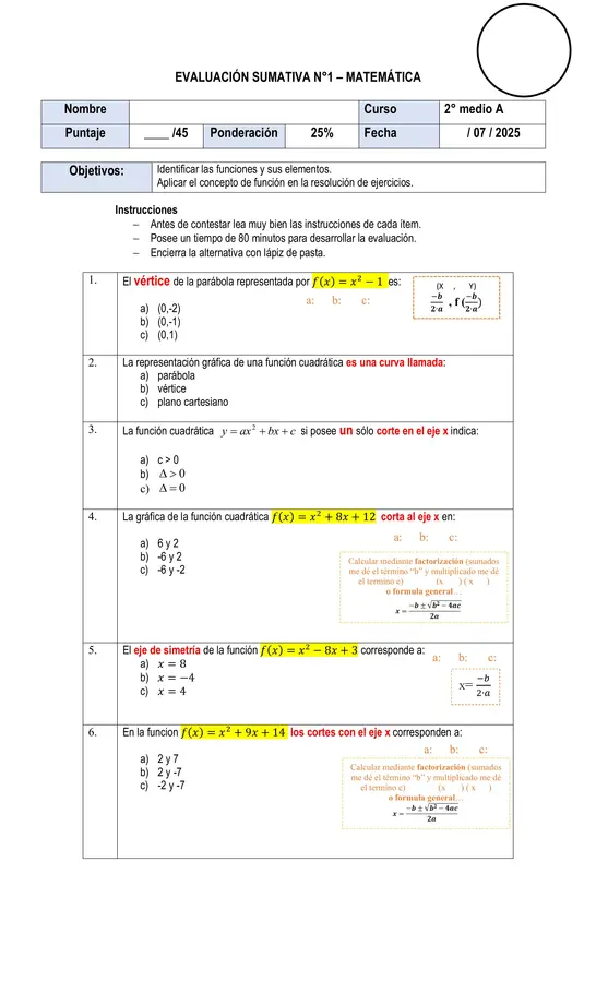 Evaluación Adecuada "Funciones Cuadráticas" 2º medio
