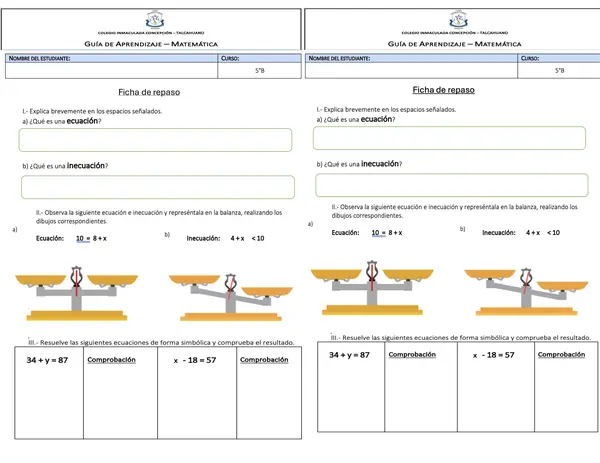 Ecuaciones e inecuaciones cuarto básico 