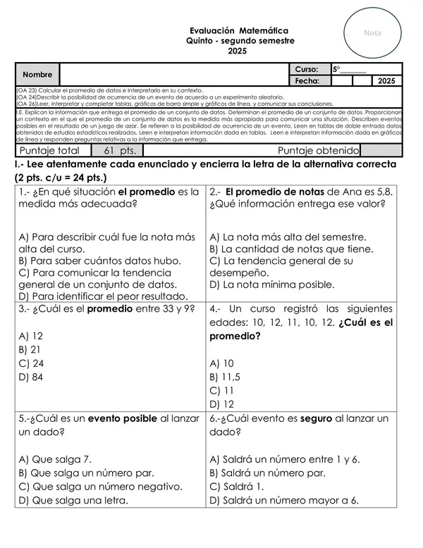 Evaluación OA23–OA24–OA26 5° Básico: Promedios, Eventos y Gráficos 2025