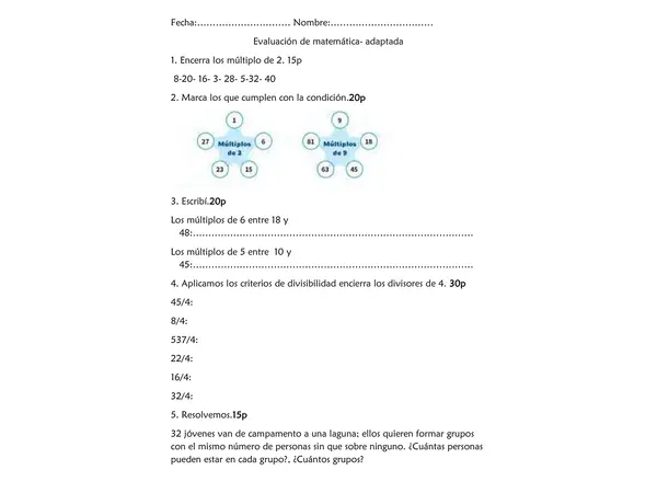Evaluación 5to de primaria  múltiplos divisores.
