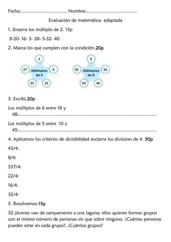 Evaluación 5to de primaria  múltiplos divisores.