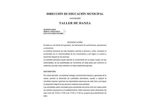 FORMATO PROYECTO TALLER DANZA
