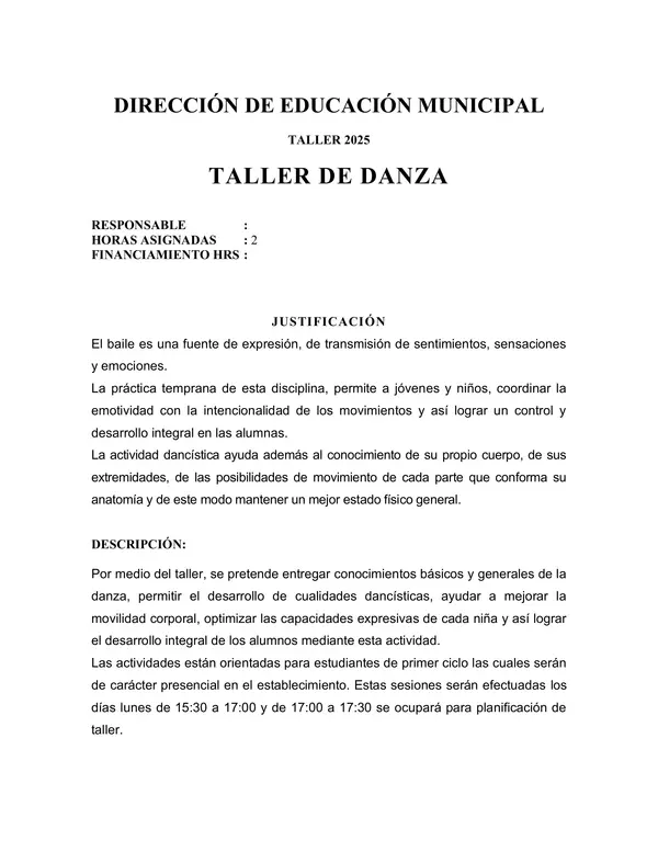 FORMATO PROYECTO TALLER DANZA