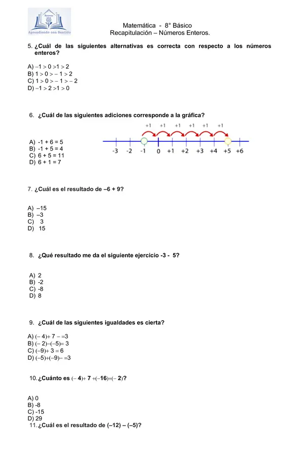 Enteros 8° Básico, Guía Tipo SIMCE con hoja de respuesta y pauta de corrección.