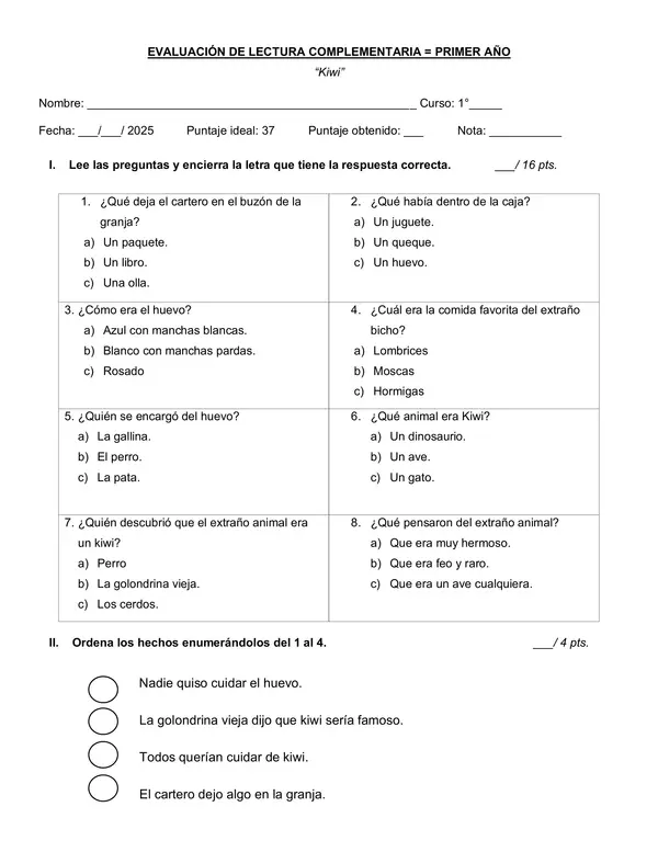 Prueba de lectura complementaria "Kiwi"