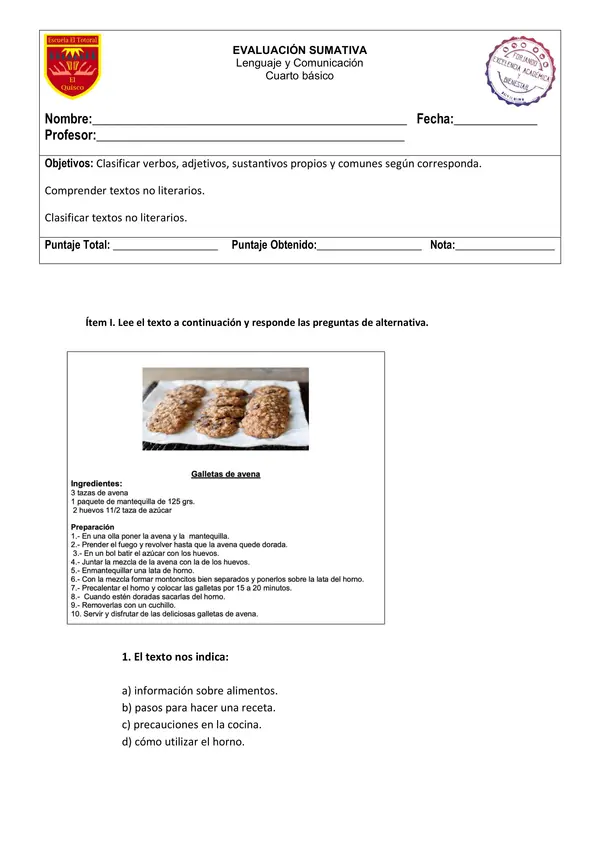 Evaluación sumativa Lenguaje y Comunicación. 