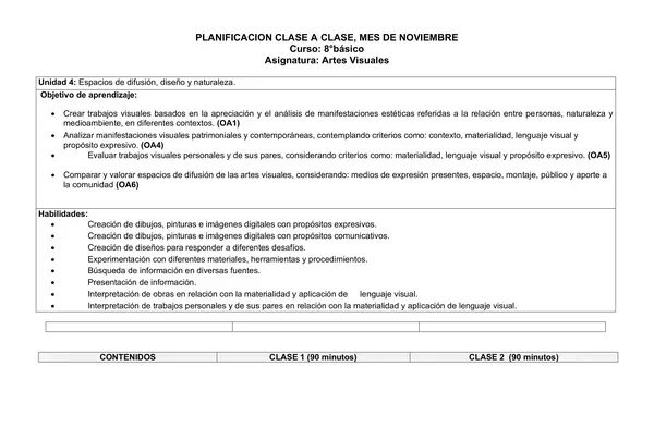 Planificación Clase a Clase: Noviembre | Artes Visuales 8° Básico
