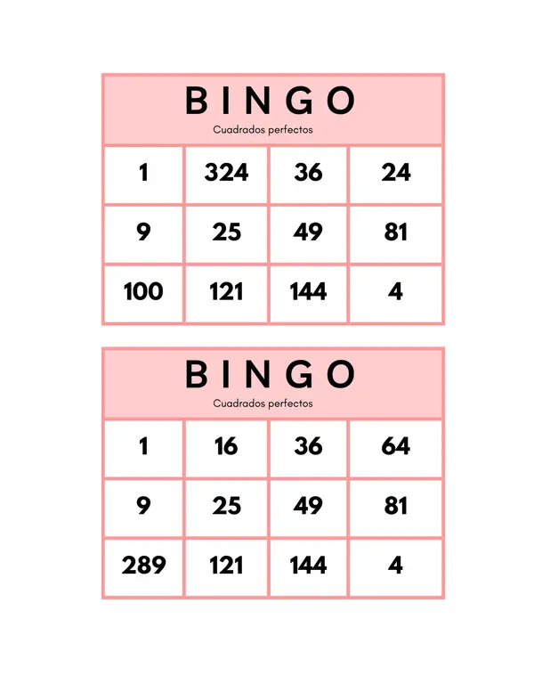 Bingo cuadrados perfectos