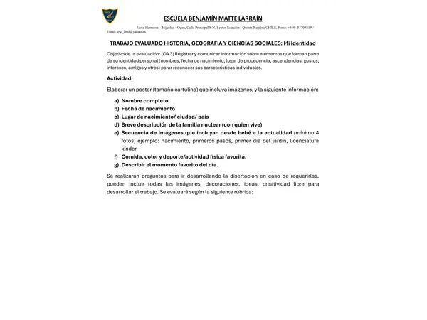 trabajo y rúbrica historia mi identidad primero básico 