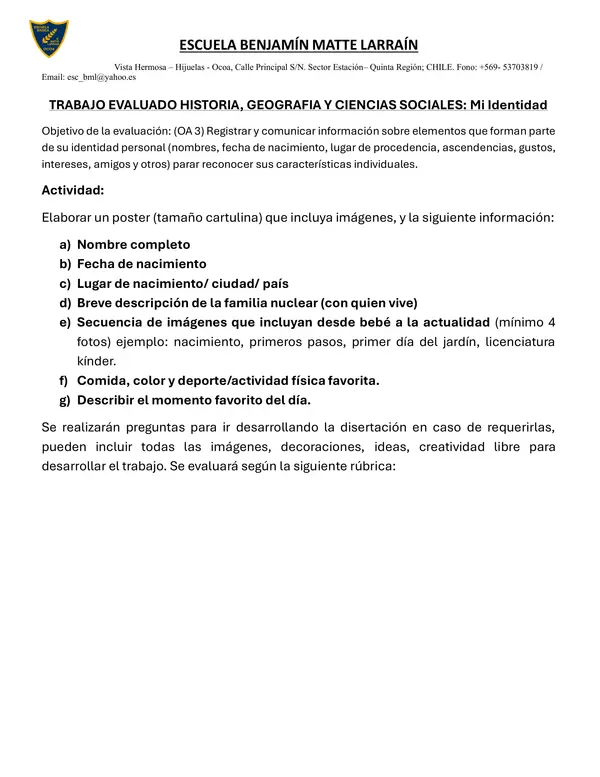trabajo y rúbrica historia mi identidad primero básico 