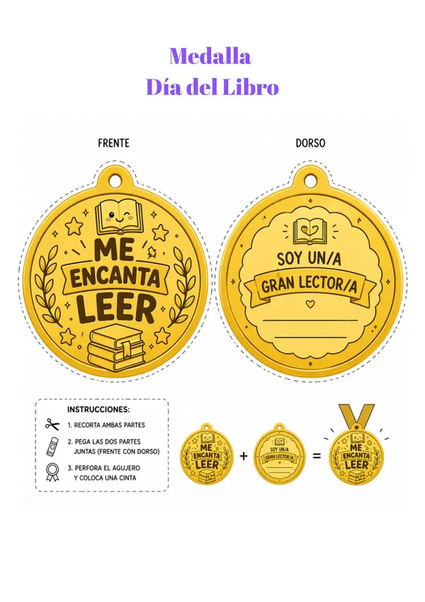 Medalla Día del Libro imprimible | Medalla “Me encanta leer” Premio lector 23 de abril PDF