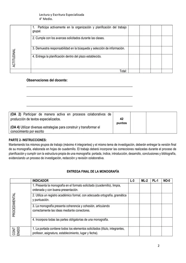 Rúbrica: Creación de una monografía (Planificación y ejecución)