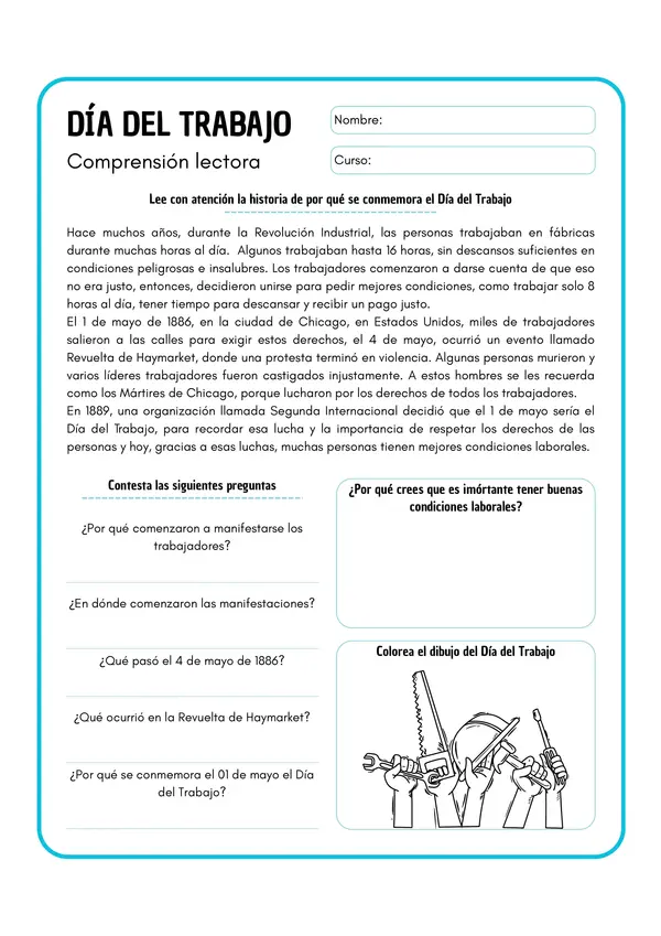 Ficha de comprensión lectora Día del trabajo