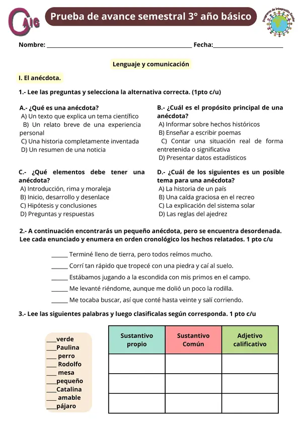PRUEBA INFORMAL 3° AÑO BÁSICO DE LENGUAJE Y MATEMÁTICA.