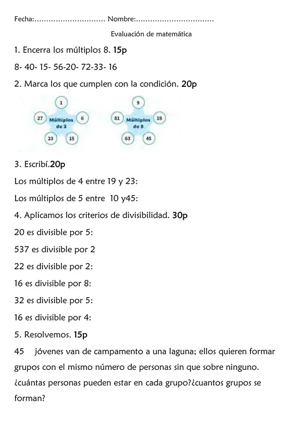 Evaluación 5to de primaria  múltiplos divisores.