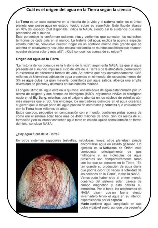 FICHA 32 - LECTURA: ''El origen del agua''
