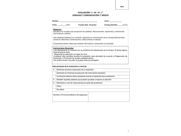 Evaluación Lenguaje J M N L
