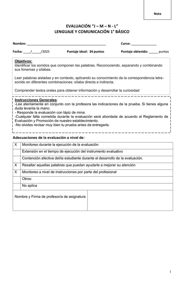 Evaluación Lenguaje J M N L
