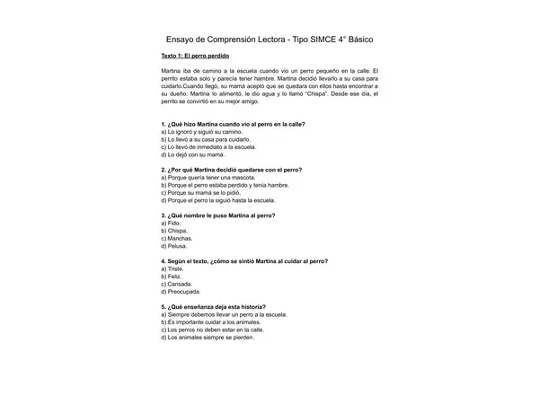 Ensayo Tipo SIMCE comprensión lectora 4° Básico