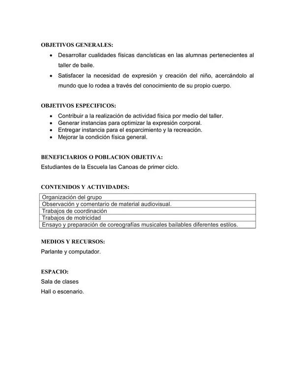 FORMATO PROYECTO TALLER DANZA