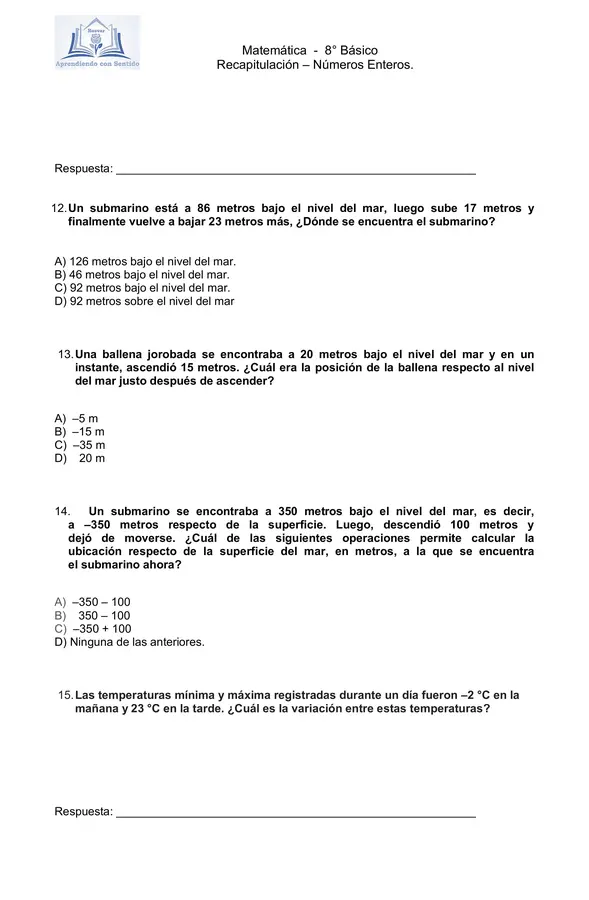 Enteros 8° Básico, Guía Tipo SIMCE con hoja de respuesta y pauta de corrección.