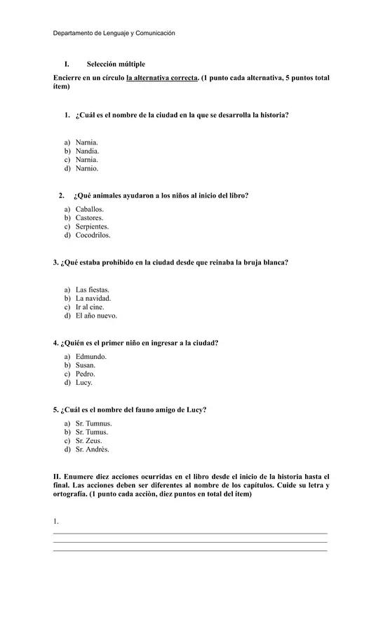 Evaluación de lectura: Las crónicas de Narnia – El león, la bruja y el ropero con pauta