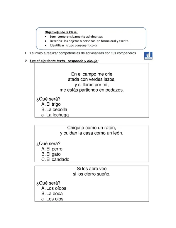 Guia de Adivinanzas y Grupo DR para Lenguaje 1 Basico