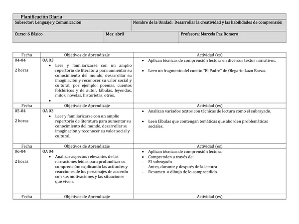 planificación diaria de 6 básico