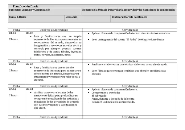 planificación diaria de 6 básico