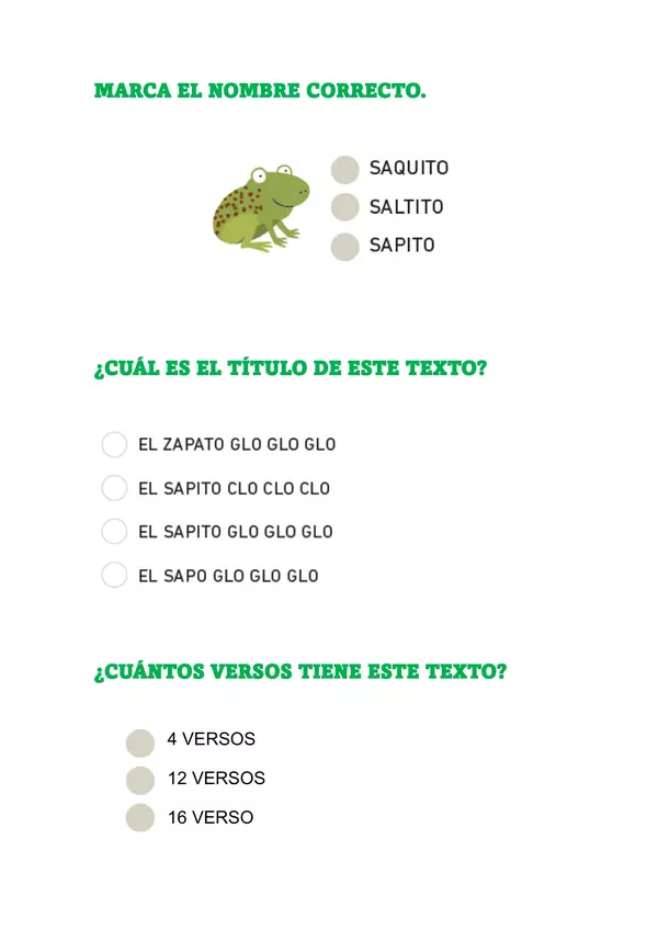 Comprensión de lectura "Sapito Glo Glo Glo"