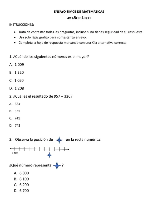 ENSAYO SIMCE MATEMÁTICAS 4º BÁSICO